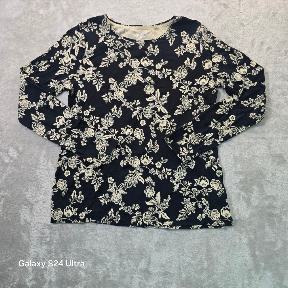 Croft & Barrow Womens Navy Blue Cream Floral Long Sleeve Crew Neck Top Size M
